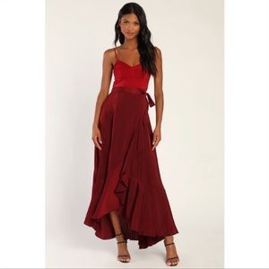 Lulus Double Darling Burgundy Color Block Satin Ruffled Maxi Dress Womens Medium